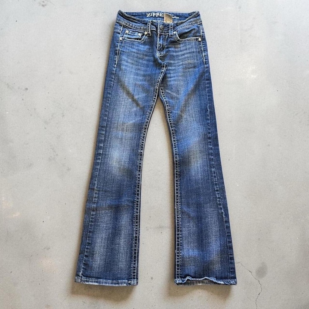 y2k zipper dark wash low rise bootcut flare embellished pocket jeans size 26